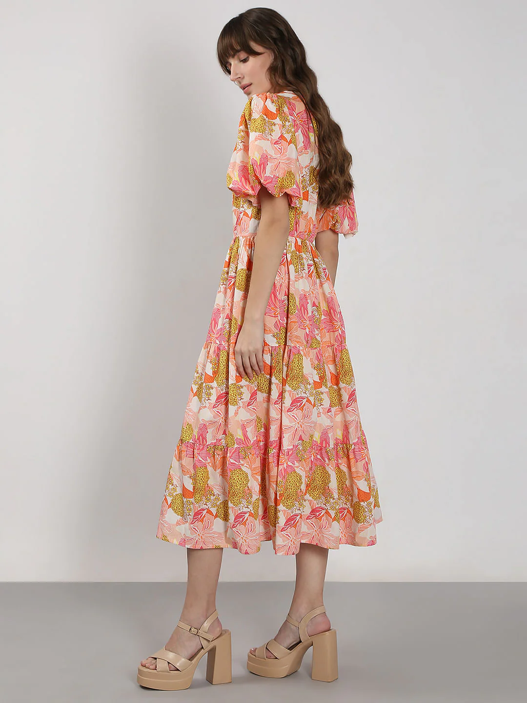 Beige Floral Cotton Midi Dress - Image 3