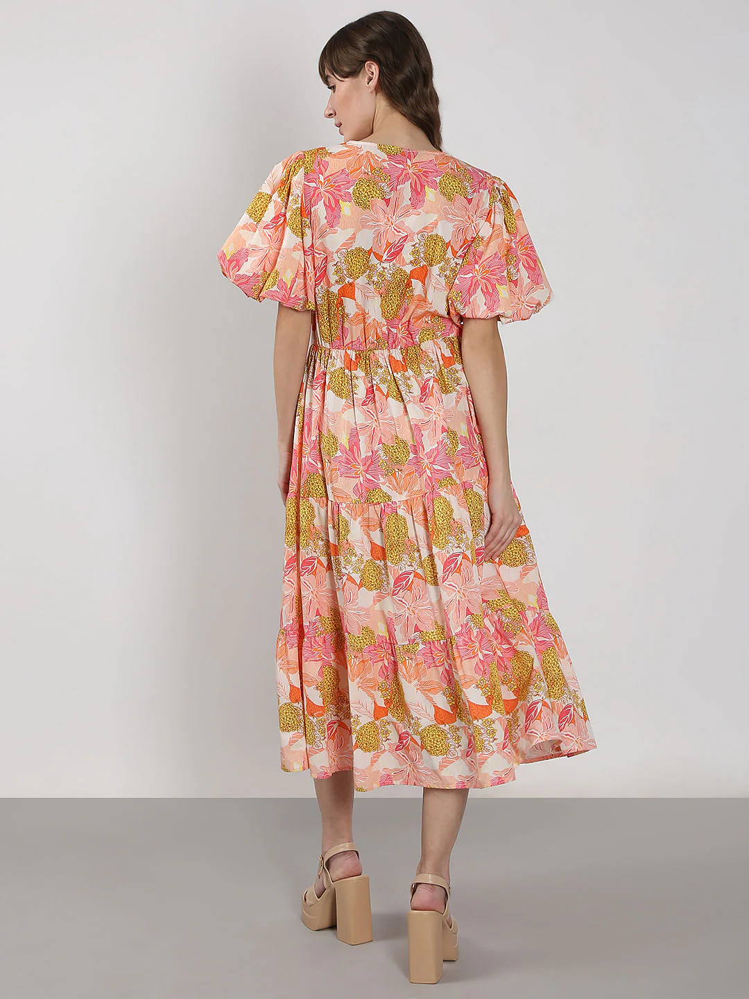Beige Floral Cotton Midi Dress - Image 4