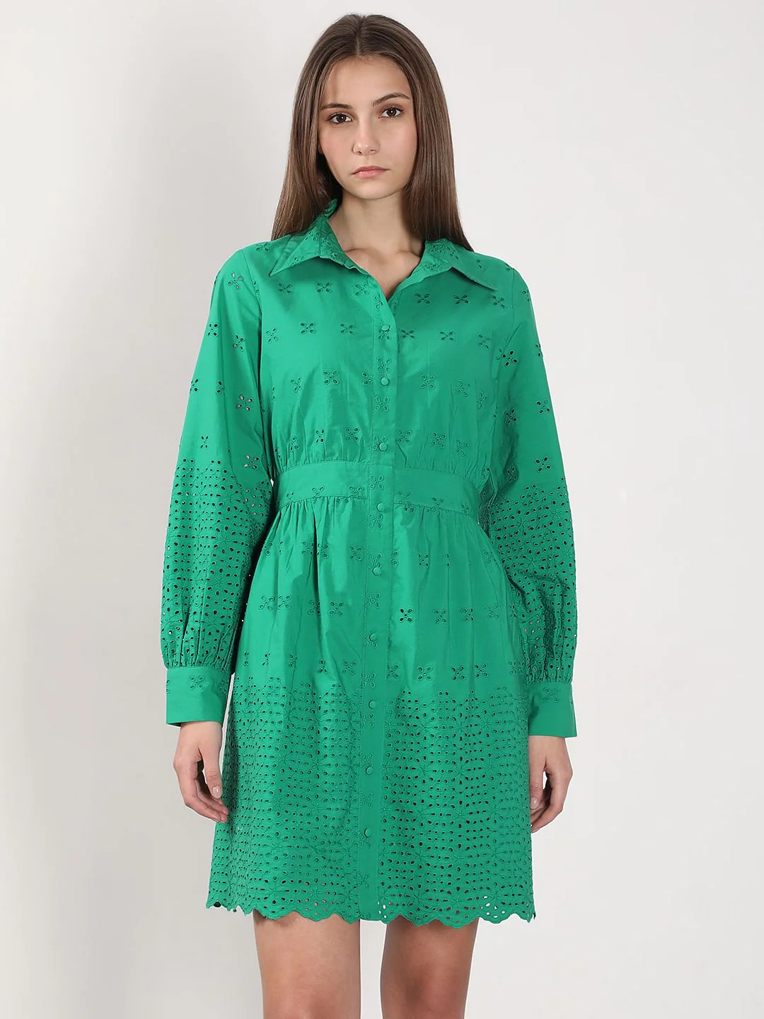Green Cutwork Cotton Shirt Dress - Image 2