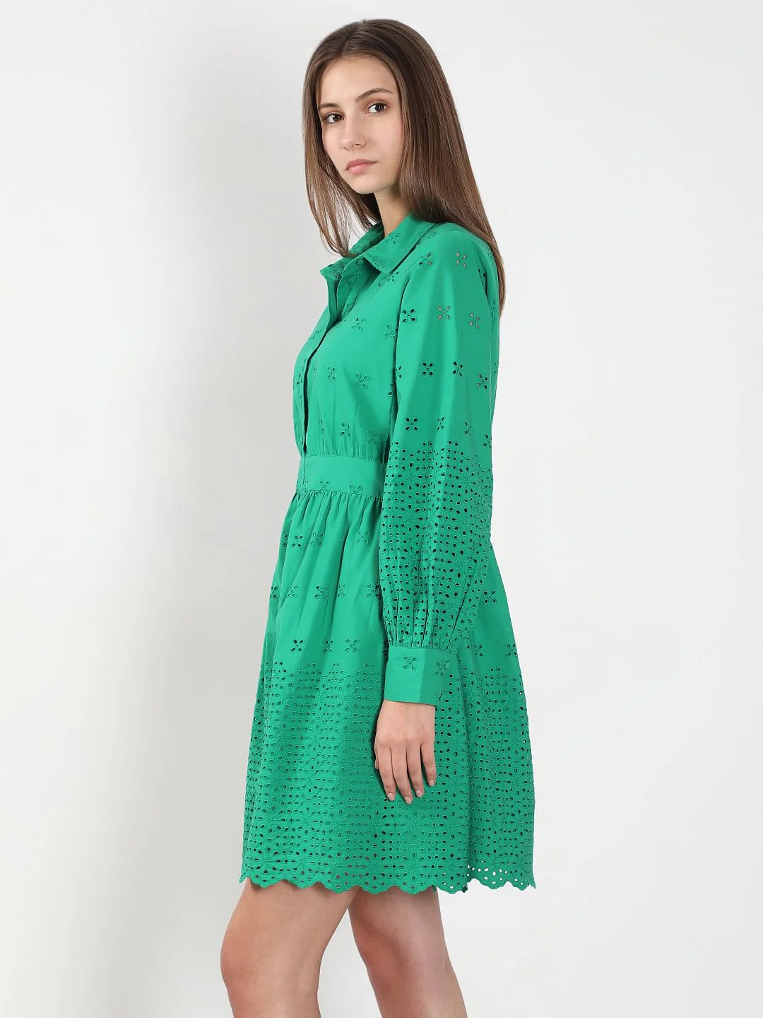 Green Cutwork Cotton Shirt Dress - Image 3