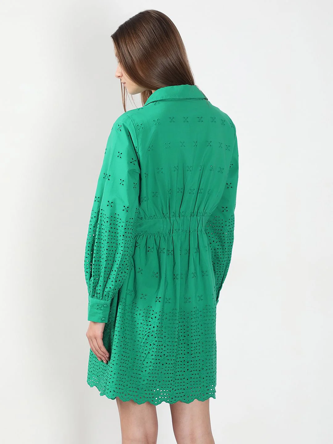 Green Cutwork Cotton Shirt Dress - Image 4