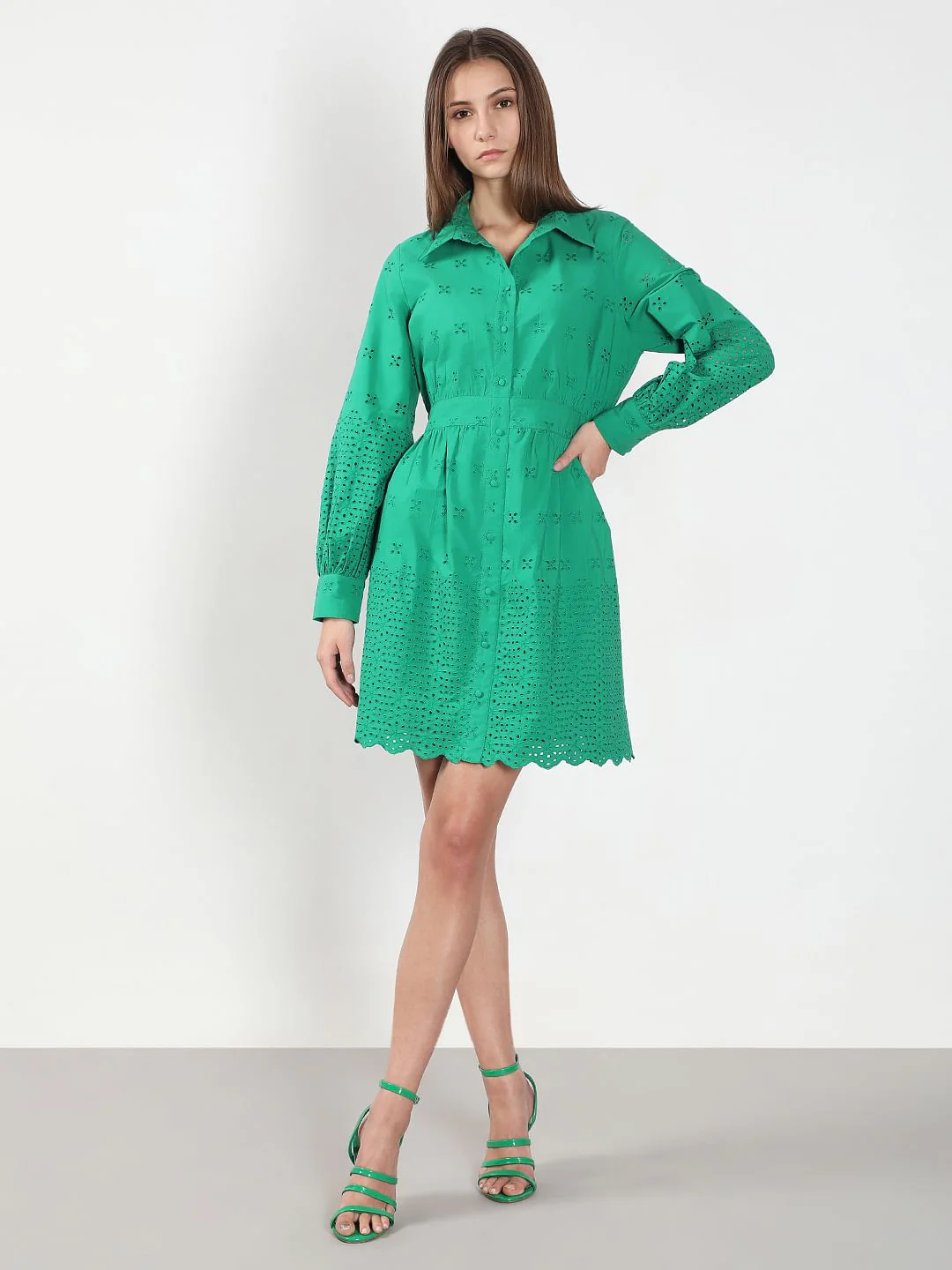Green Cutwork Cotton Shirt Dress - Image 5