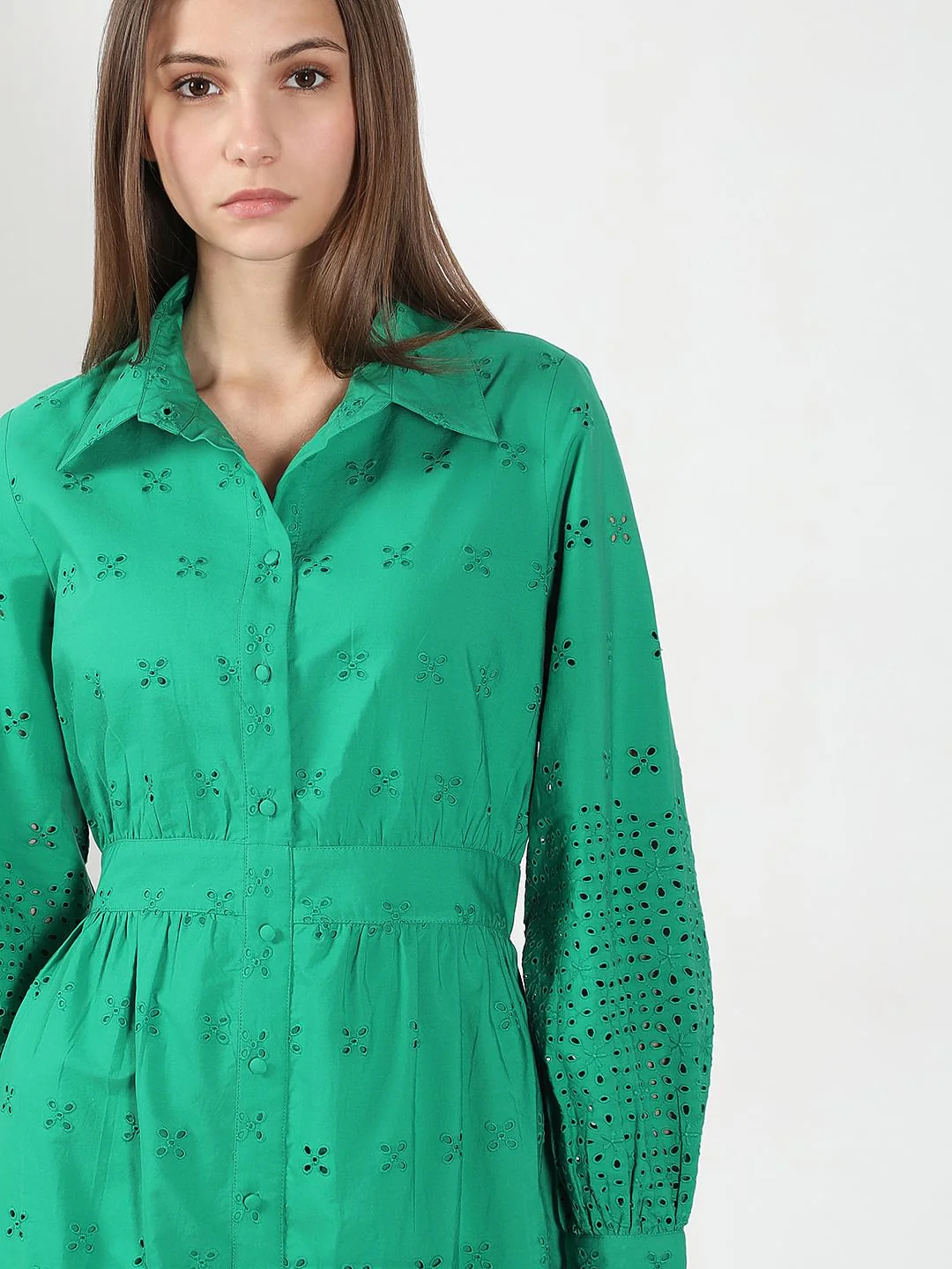 Green Cutwork Cotton Shirt Dress - Image 6
