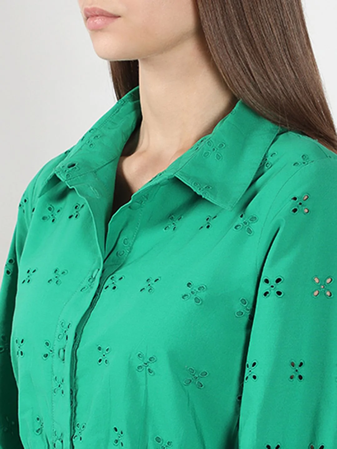 Green Cutwork Cotton Shirt Dress - Image 8