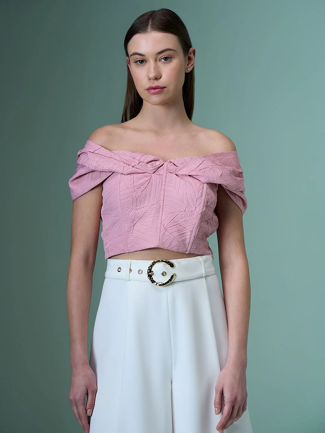 Marquee Pink Off Shoulder Crop Top - Image 2
