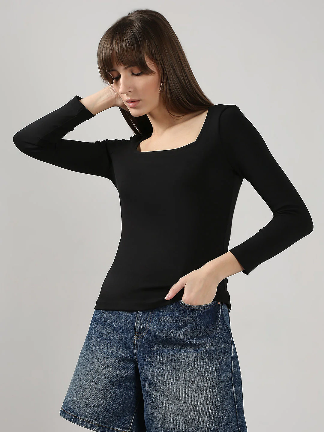 Black Fitted Square Neck Top - Image 2