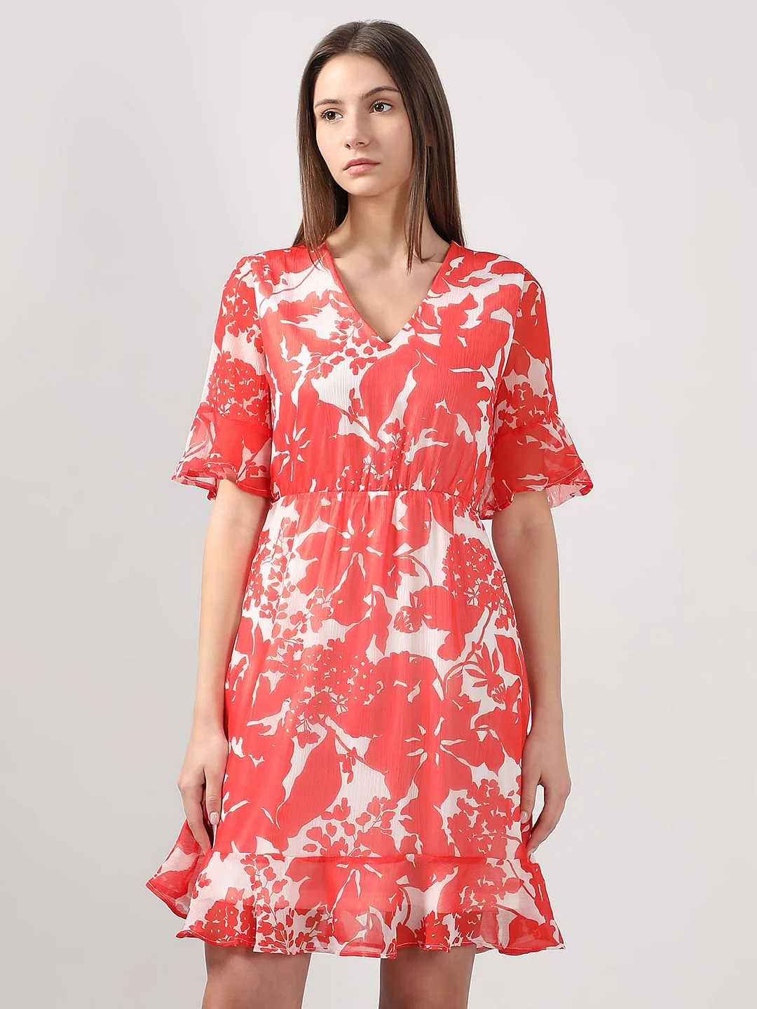 Coral & White Printed Fit & Flare Dress - Image 2