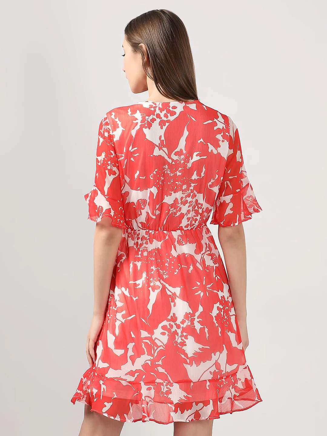 Coral & White Printed Fit & Flare Dress - Image 4
