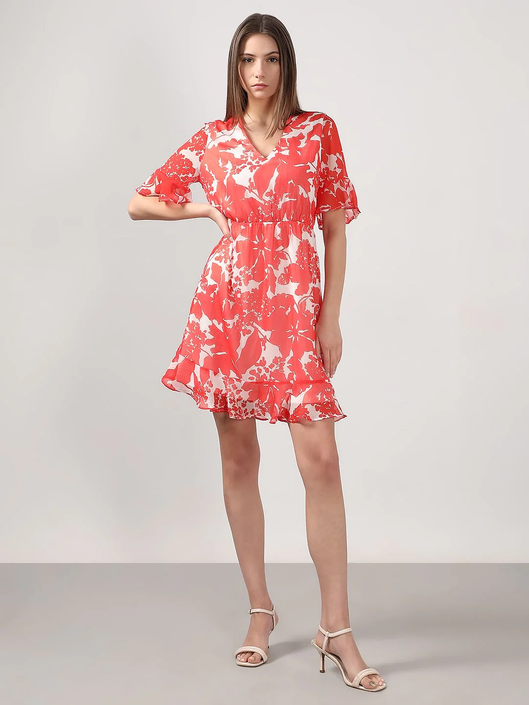 Coral & White Printed Fit & Flare Dress - Image 5