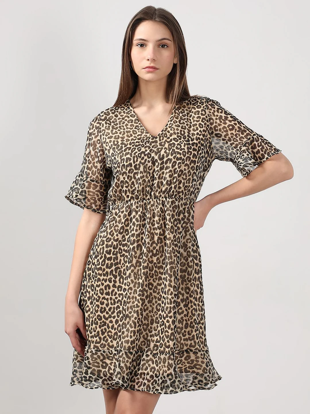 Beige Animal Print Fit & Flare Dress - Image 2