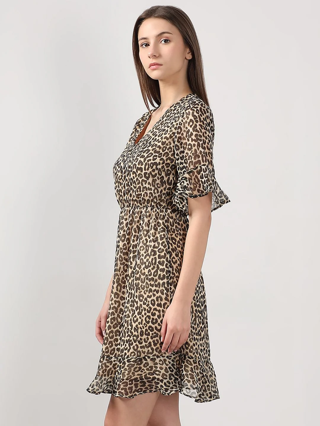 Beige Animal Print Fit & Flare Dress - Image 3