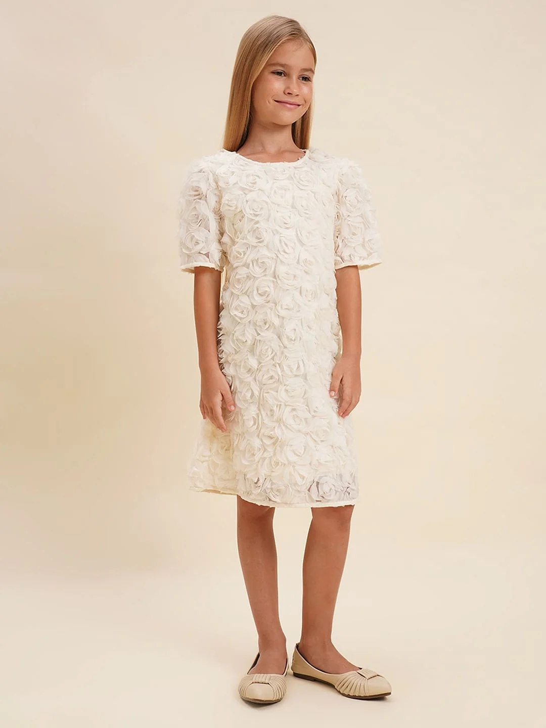 Girls White Rose Textured Shift Dress - Image 2