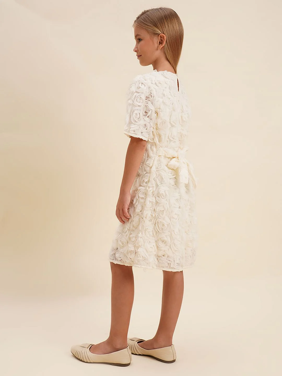Girls White Rose Textured Shift Dress - Image 3