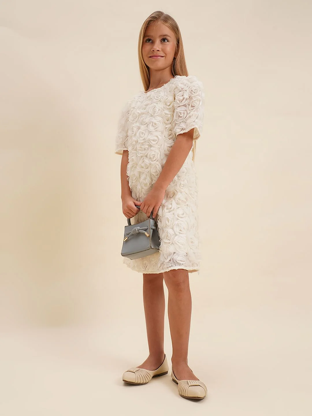 Girls White Rose Textured Shift Dress - Image 5
