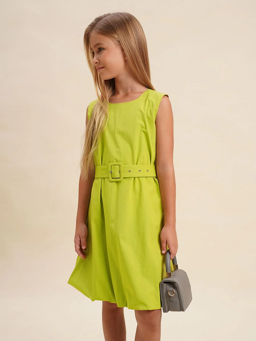 Girls Green Cotton Belted Shift Dress