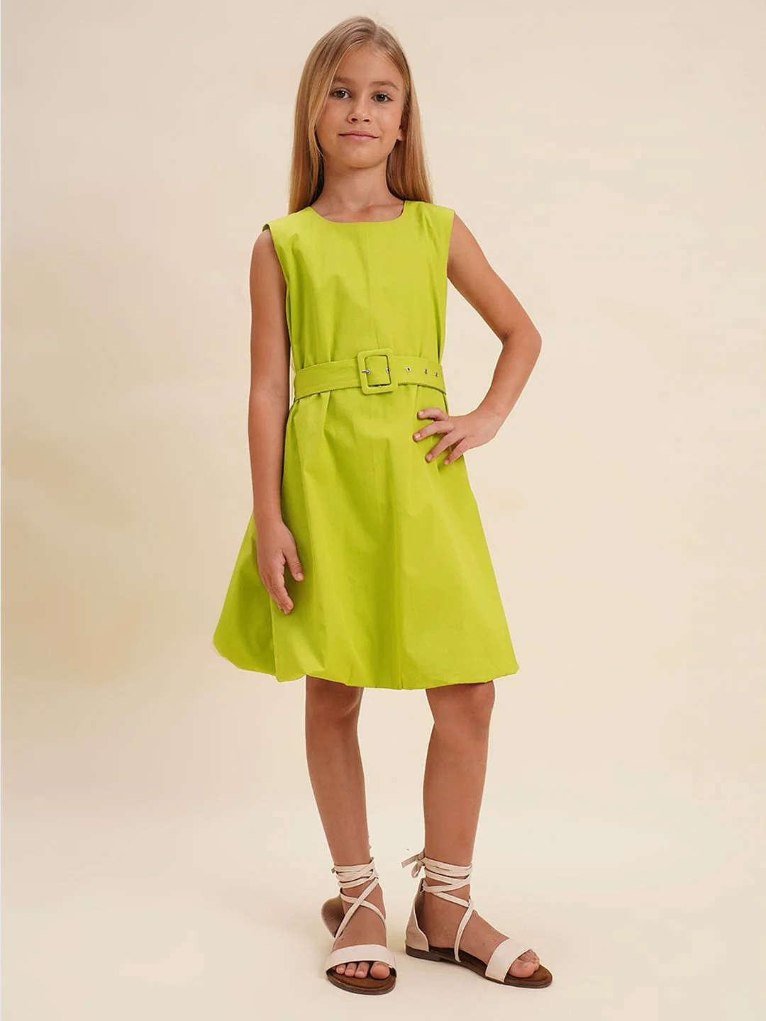 Girls Green Cotton Belted Shift Dress - Image 2