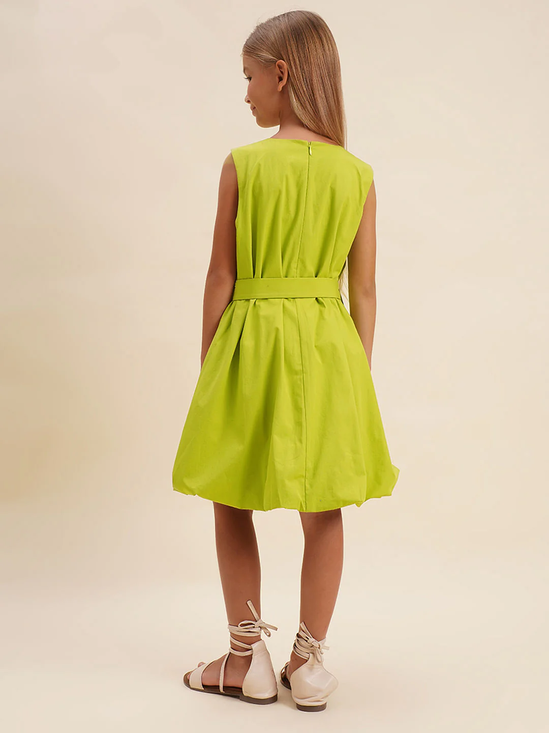 Girls Green Cotton Belted Shift Dress - Image 3