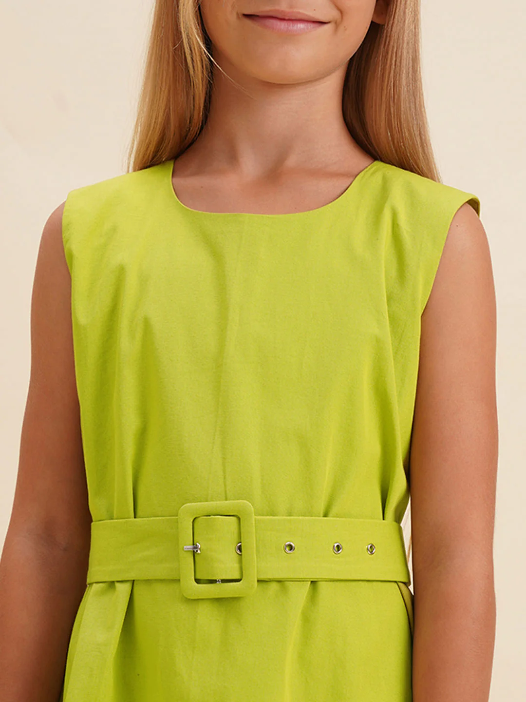 Girls Green Cotton Belted Shift Dress - Image 4