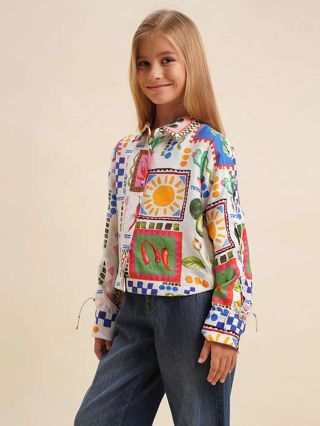 Girls White Printed Cotton Shirt - Image 2