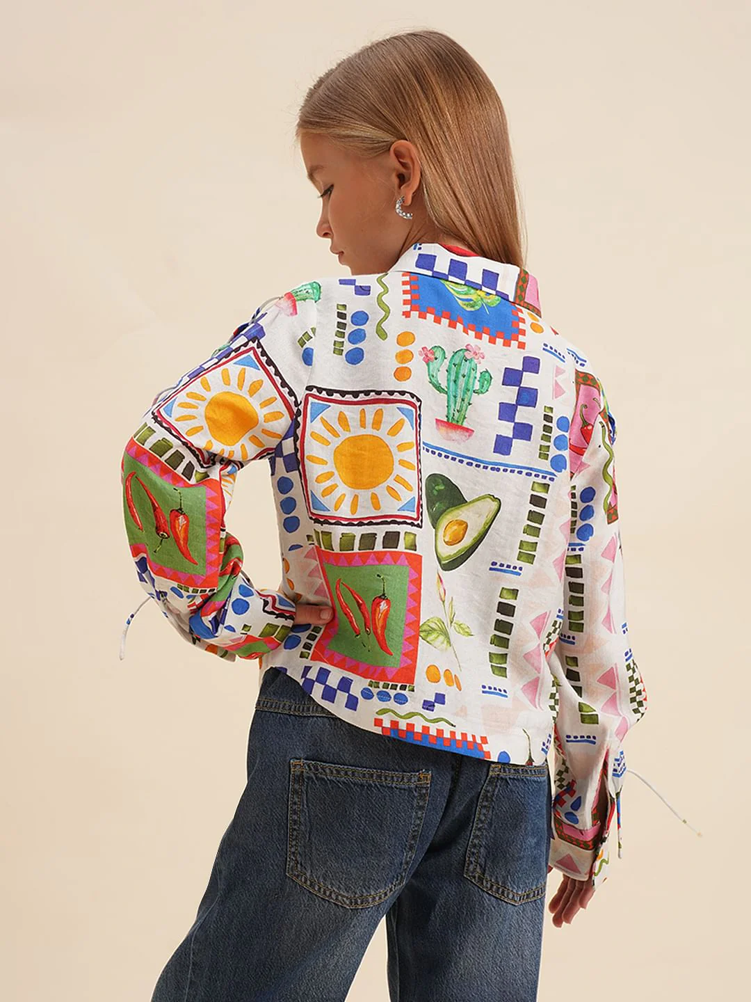 Girls White Printed Cotton Shirt - Image 3