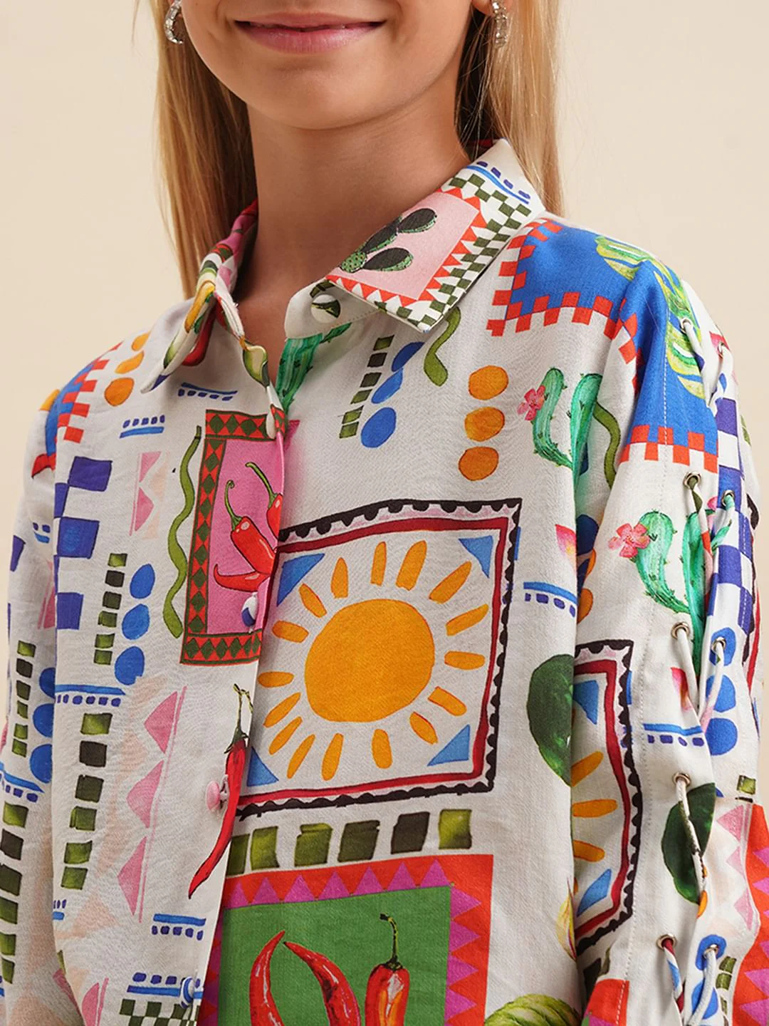 Girls White Printed Cotton Shirt - Image 4