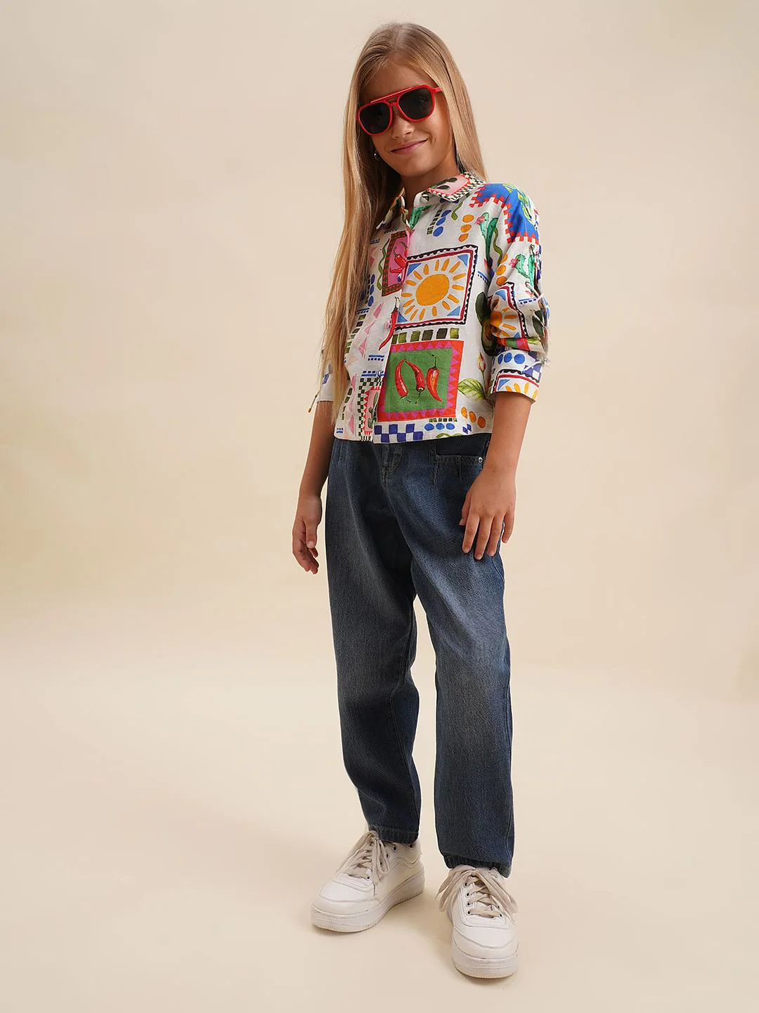Girls White Printed Cotton Shirt - Image 5