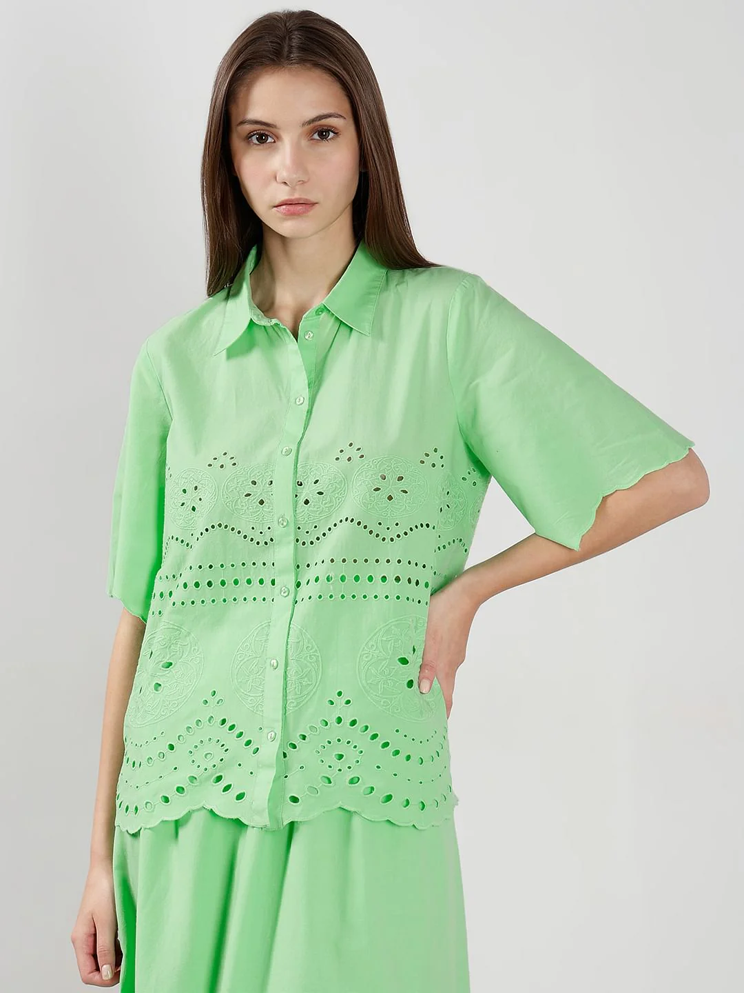 Green Cutwork Co-Ord Set Shirt - Image 2