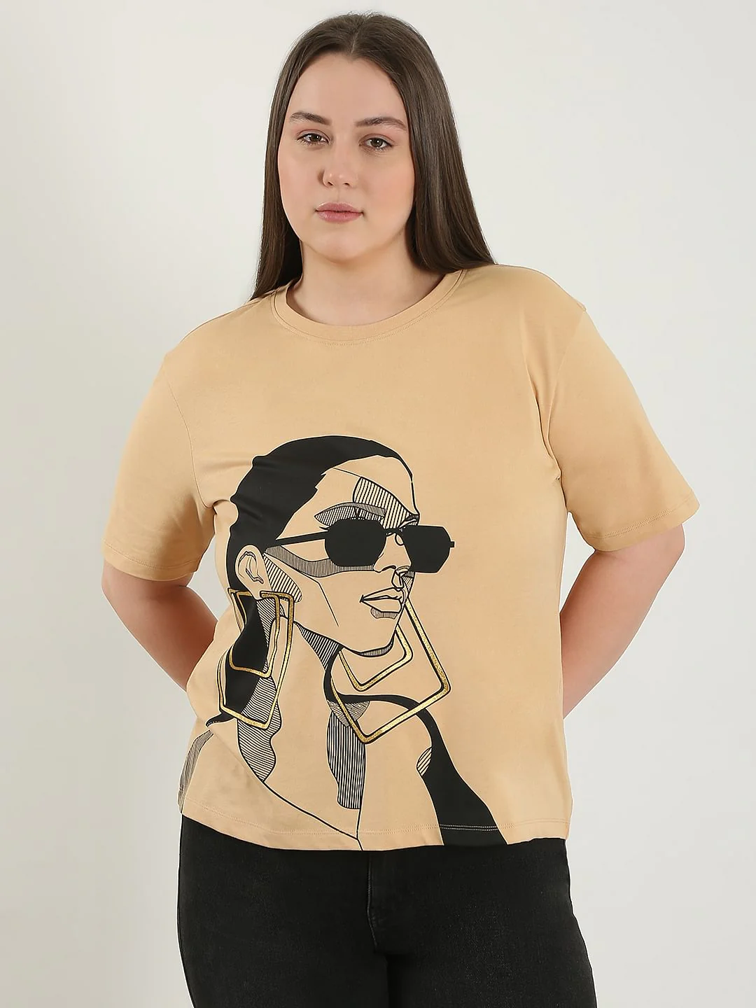 Curve Beige Printed Cotton T-Shirt - Image 2
