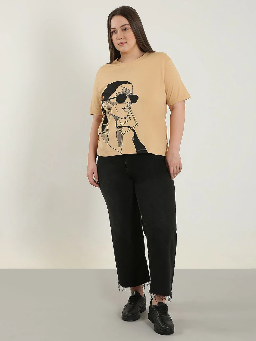 Curve Beige Printed Cotton T-Shirt - Image 5