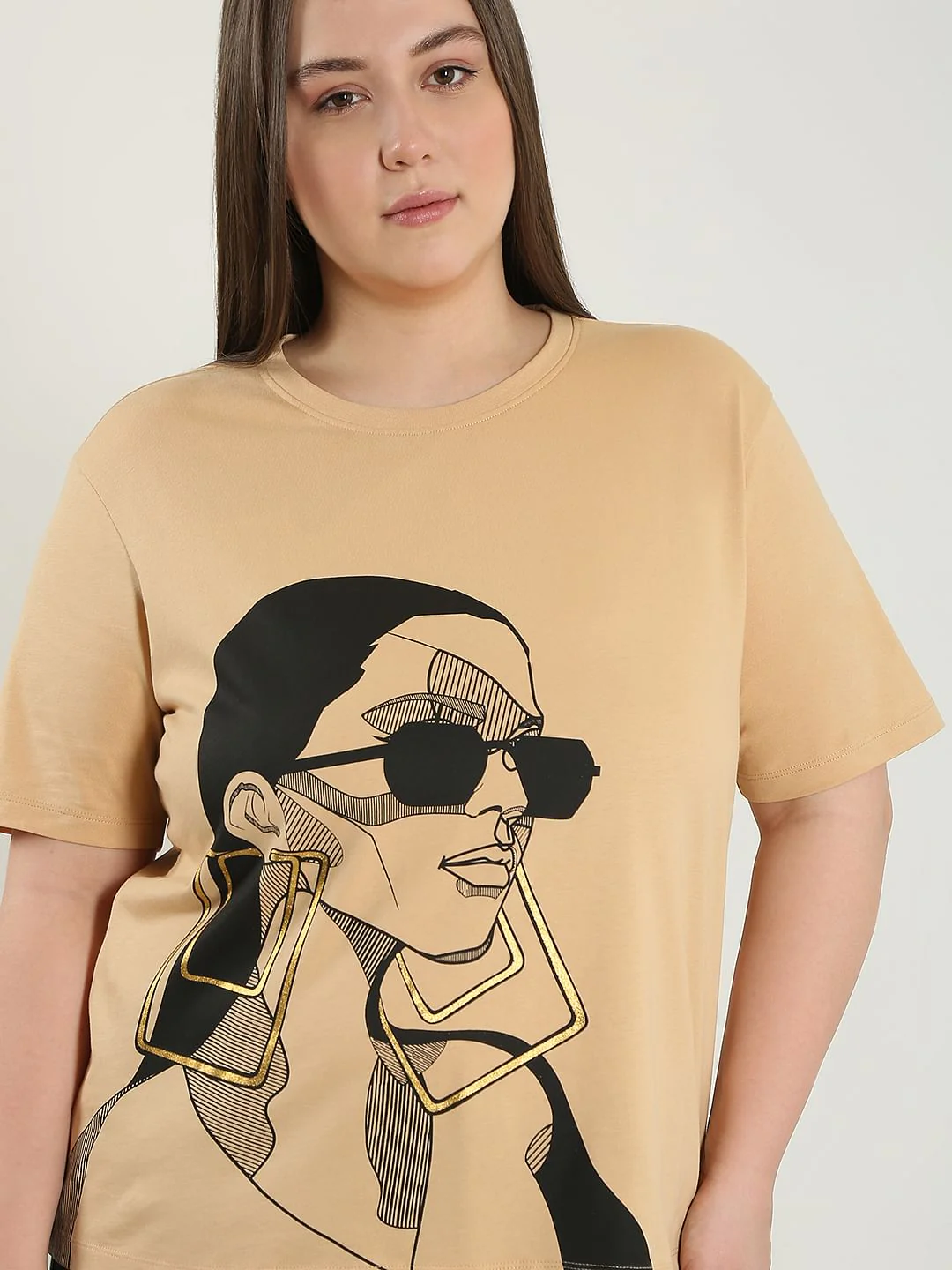 Curve Beige Printed Cotton T-Shirt - Image 6