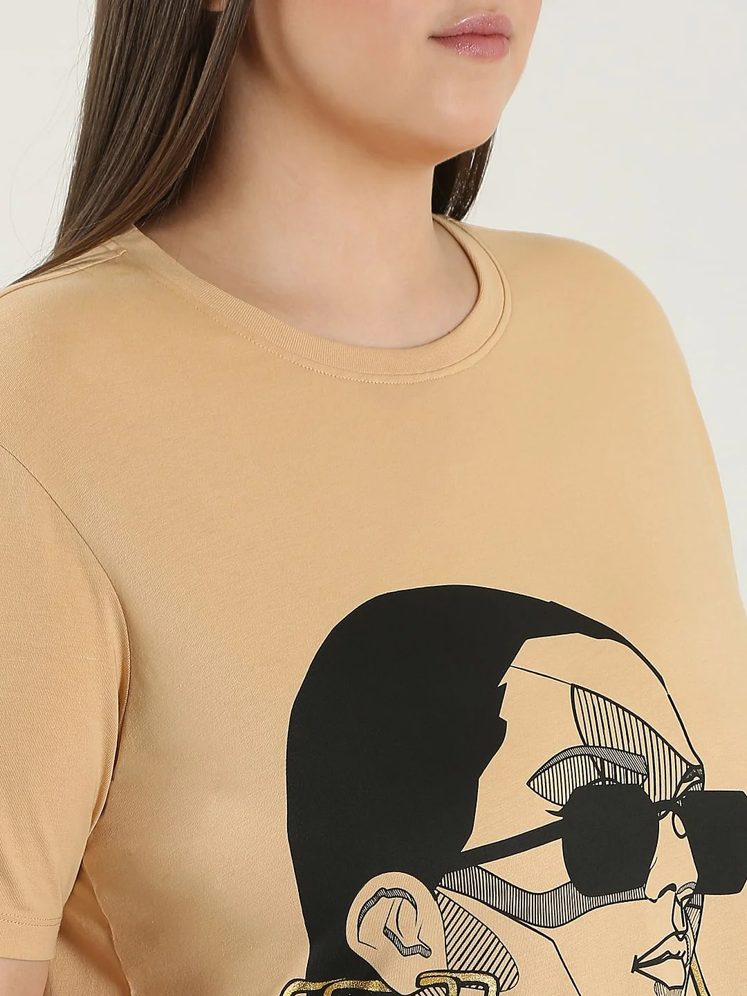 Curve Beige Printed Cotton T-Shirt - Image 8