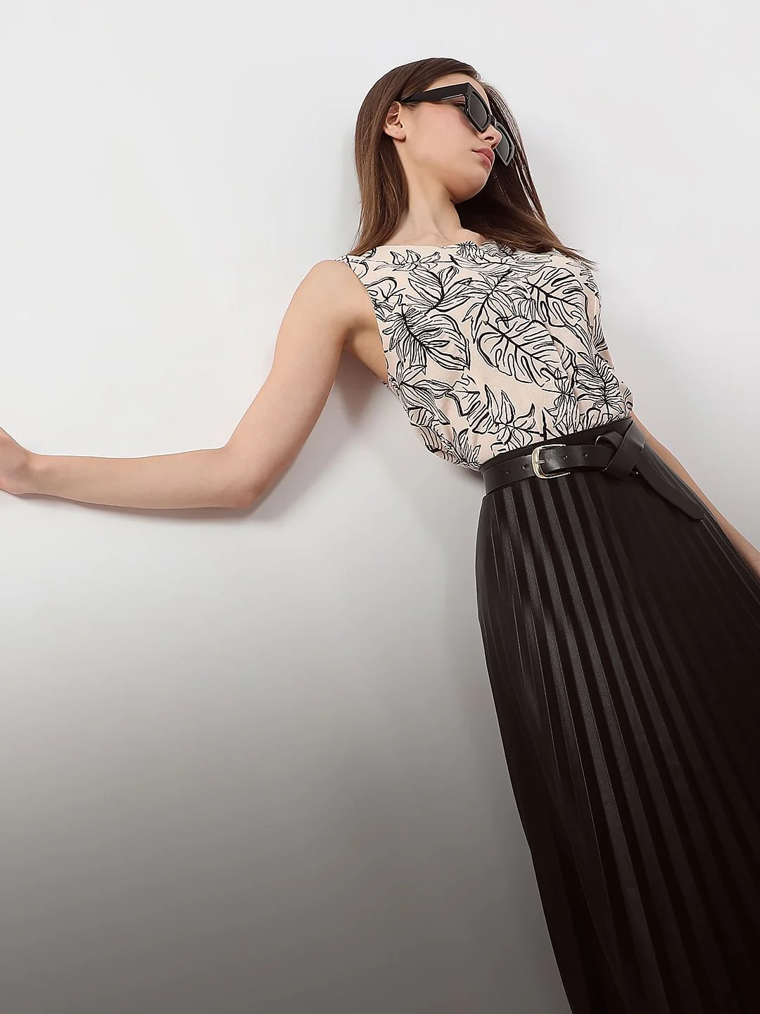 Beige Printed Sleeveless Top