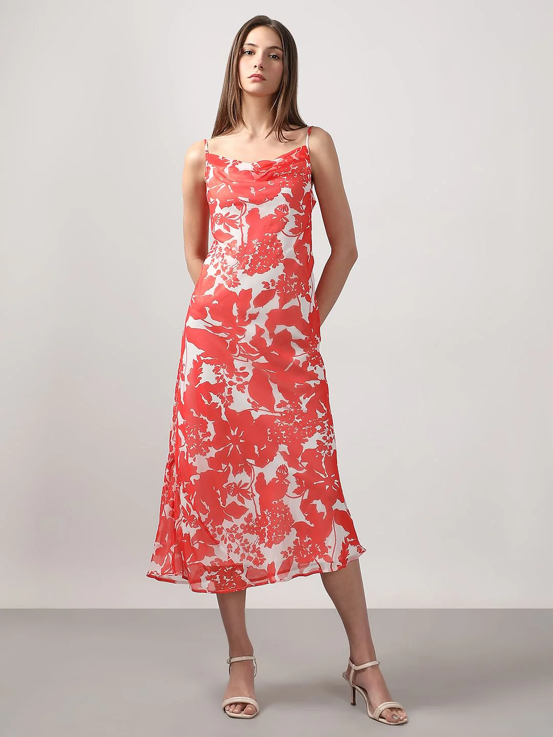 Red & White Printed Waterfall Dress - Image 2