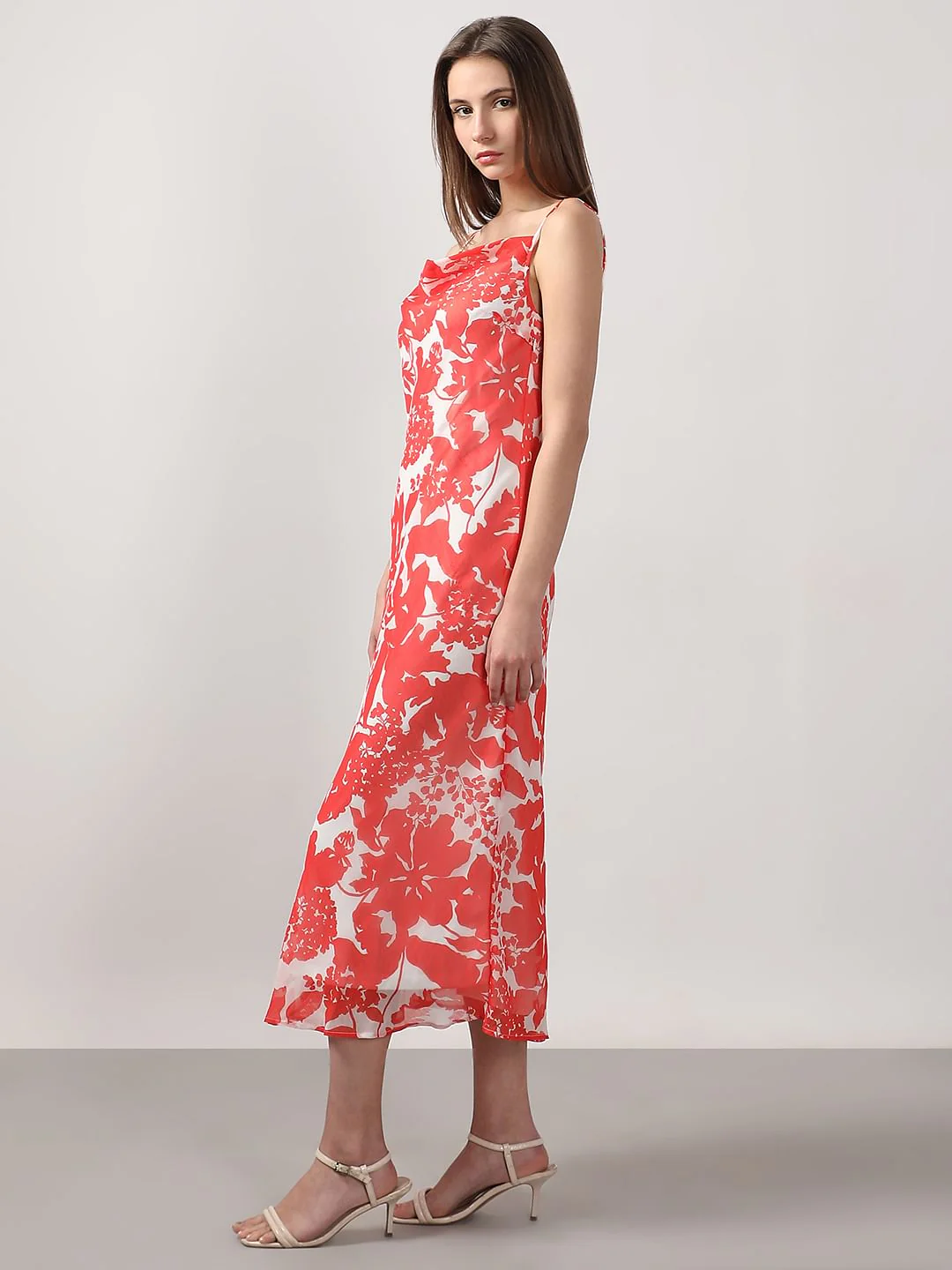 Red & White Printed Waterfall Dress - Image 3