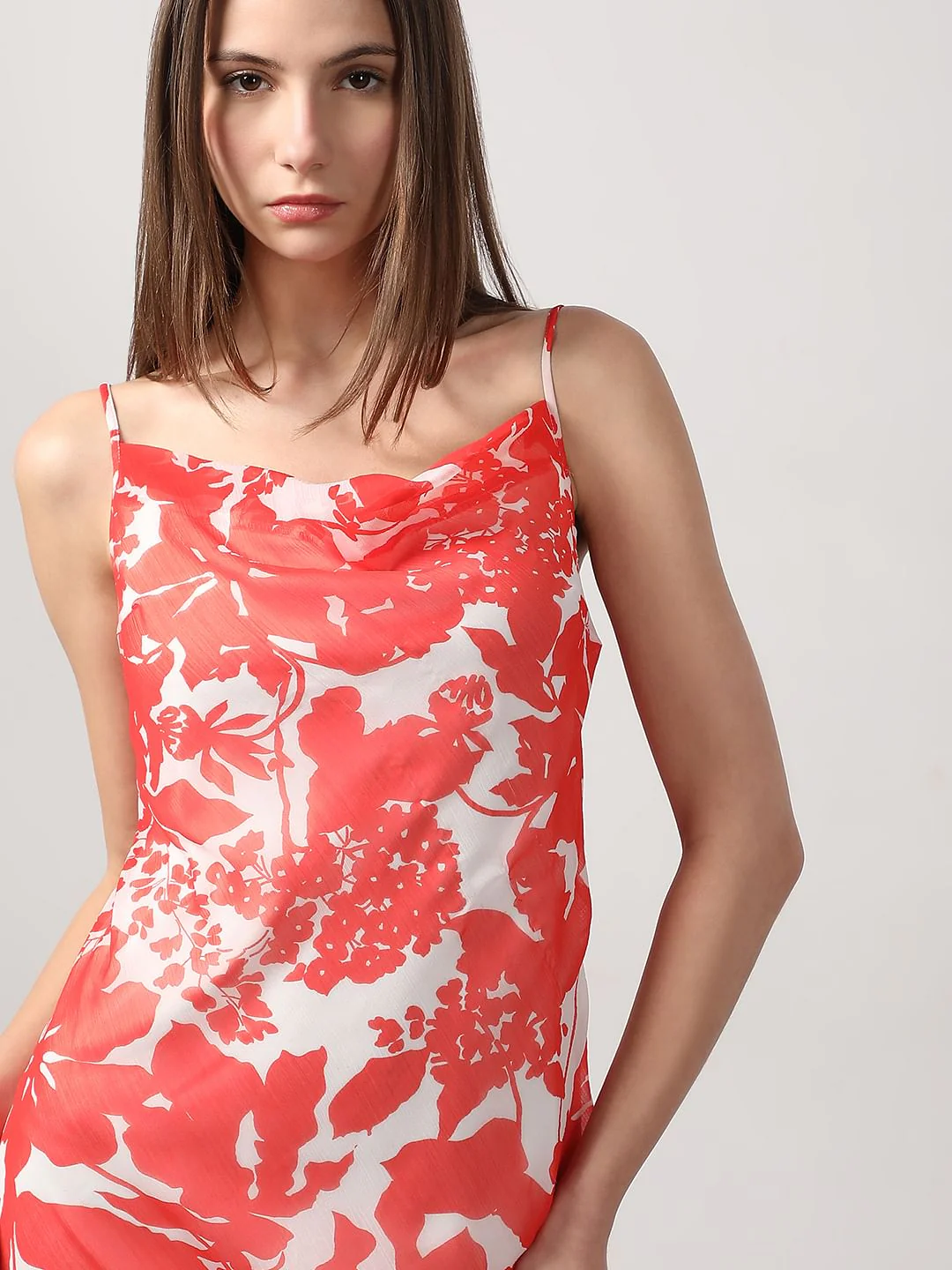Red & White Printed Waterfall Dress - Image 5