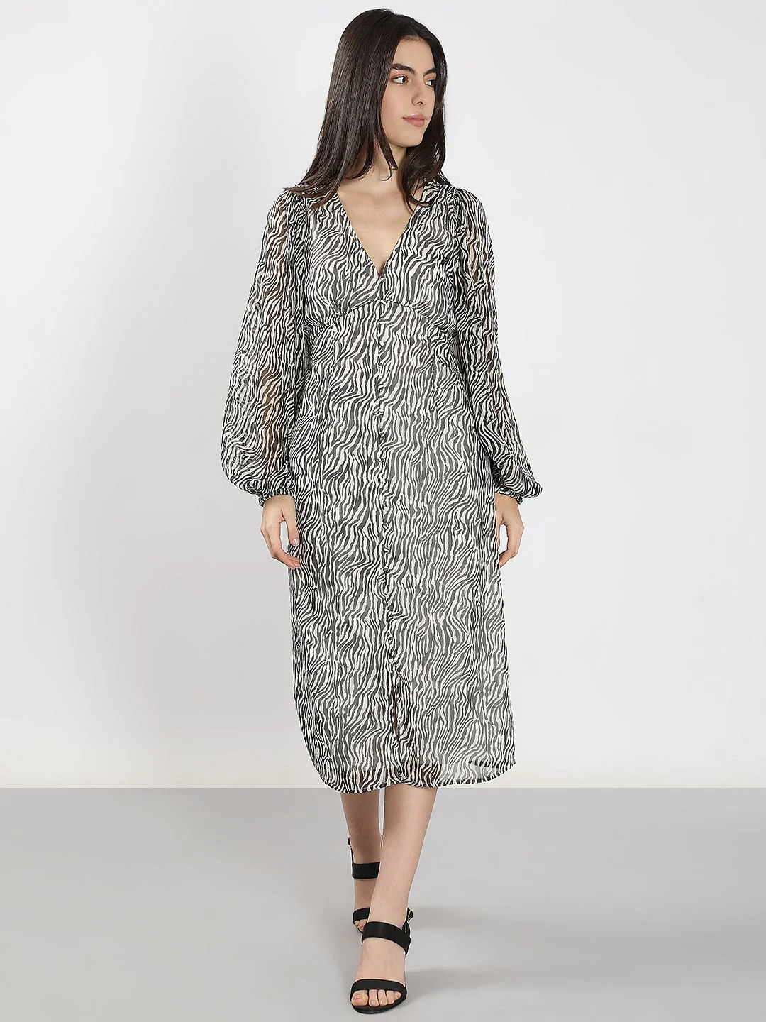 Black Printed V-Neck Dress - Image 2