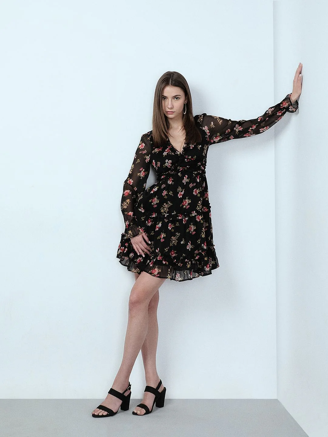 Black Printed Frill Short Dress