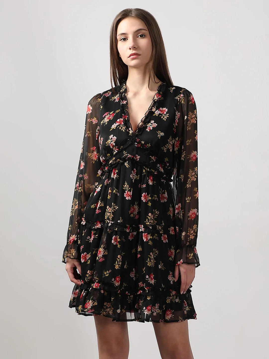 Black Printed Frill Short Dress - Image 2