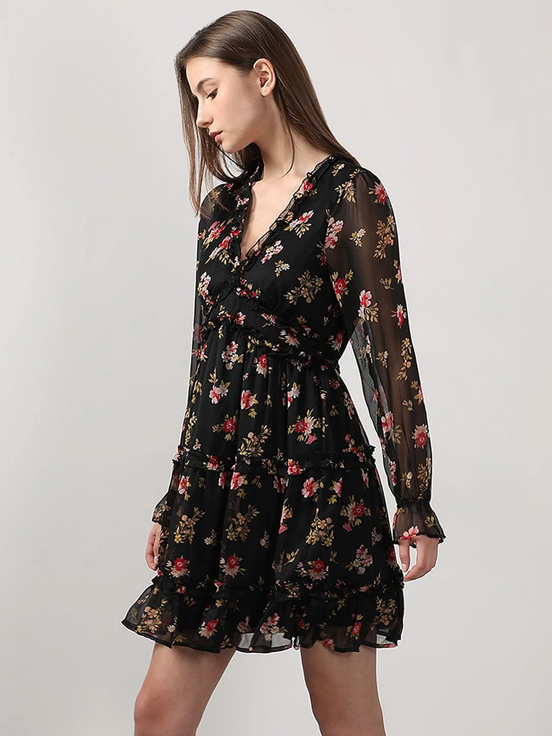 Black Printed Frill Short Dress - Image 3
