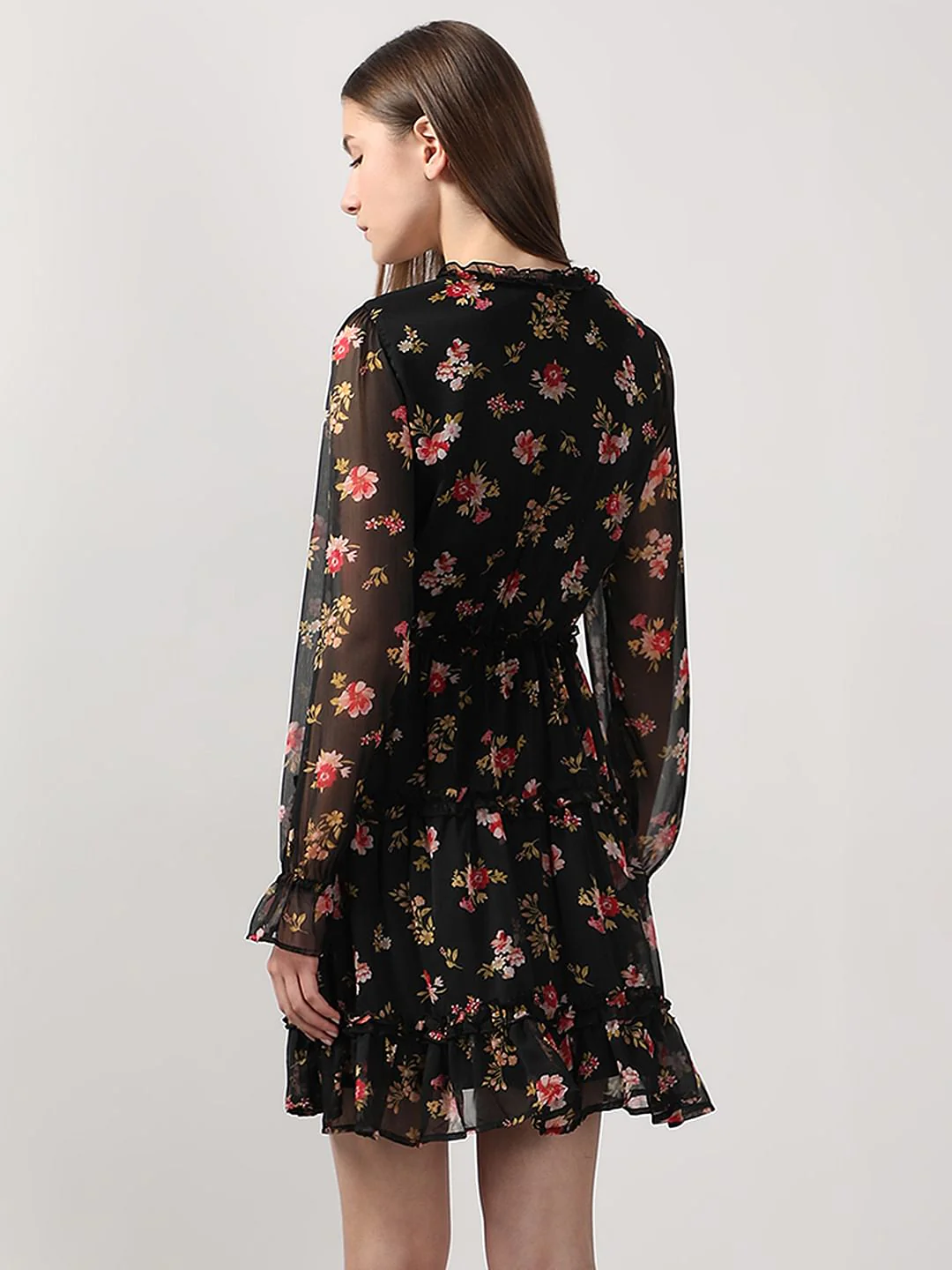 Black Printed Frill Short Dress - Image 4