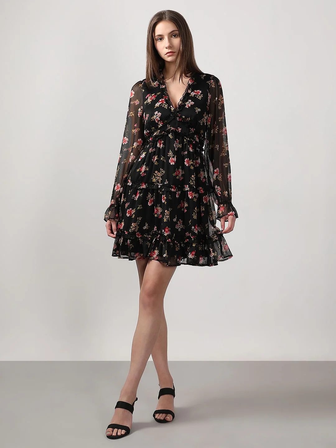 Black Printed Frill Short Dress - Image 5