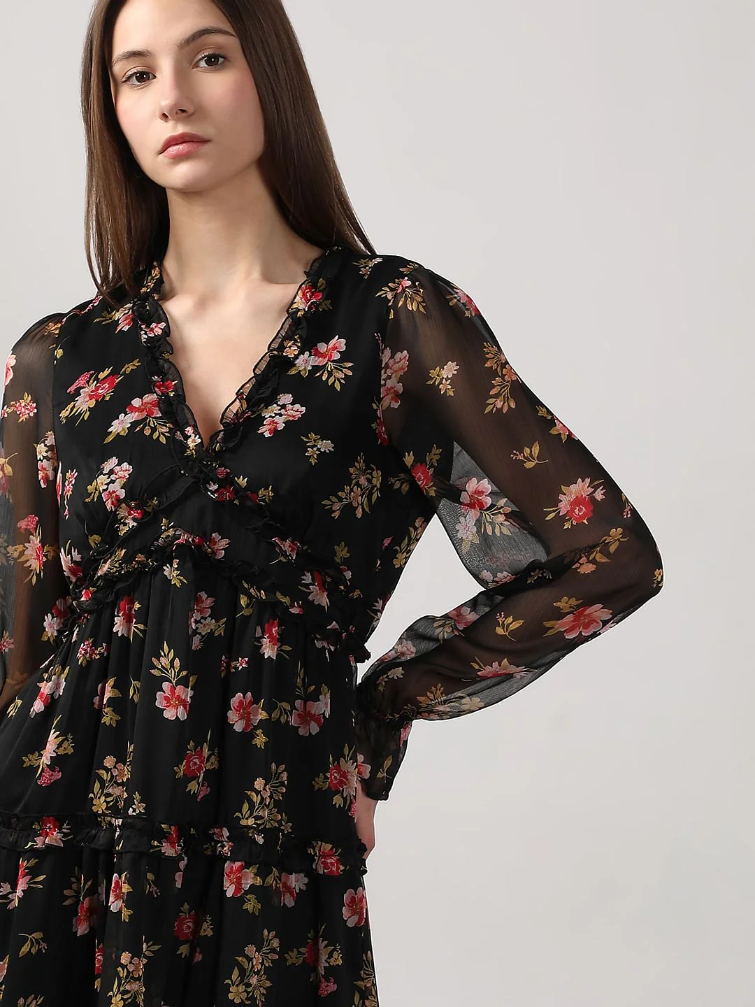 Black Printed Frill Short Dress - Image 6