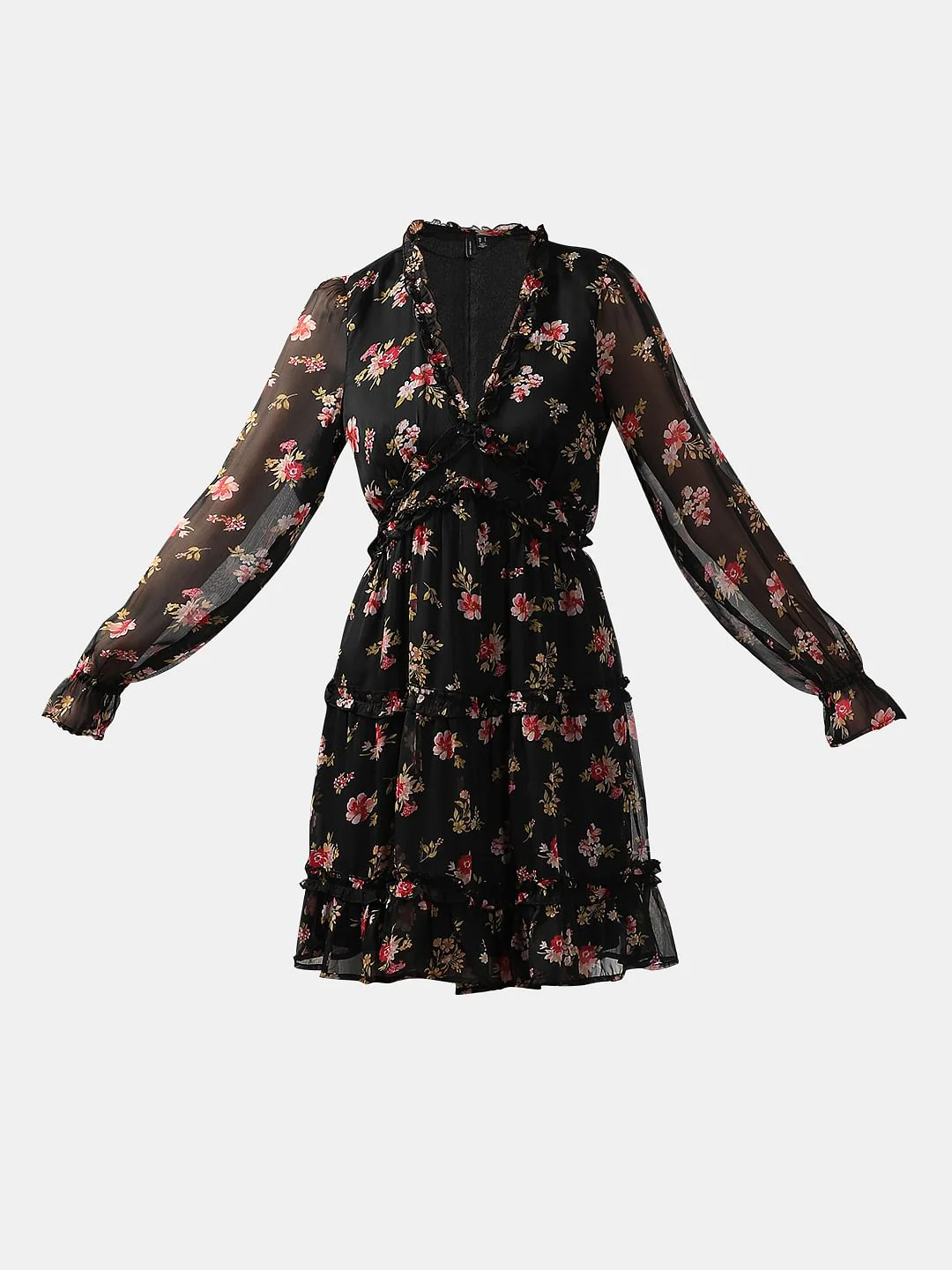 Black Printed Frill Short Dress - Image 7