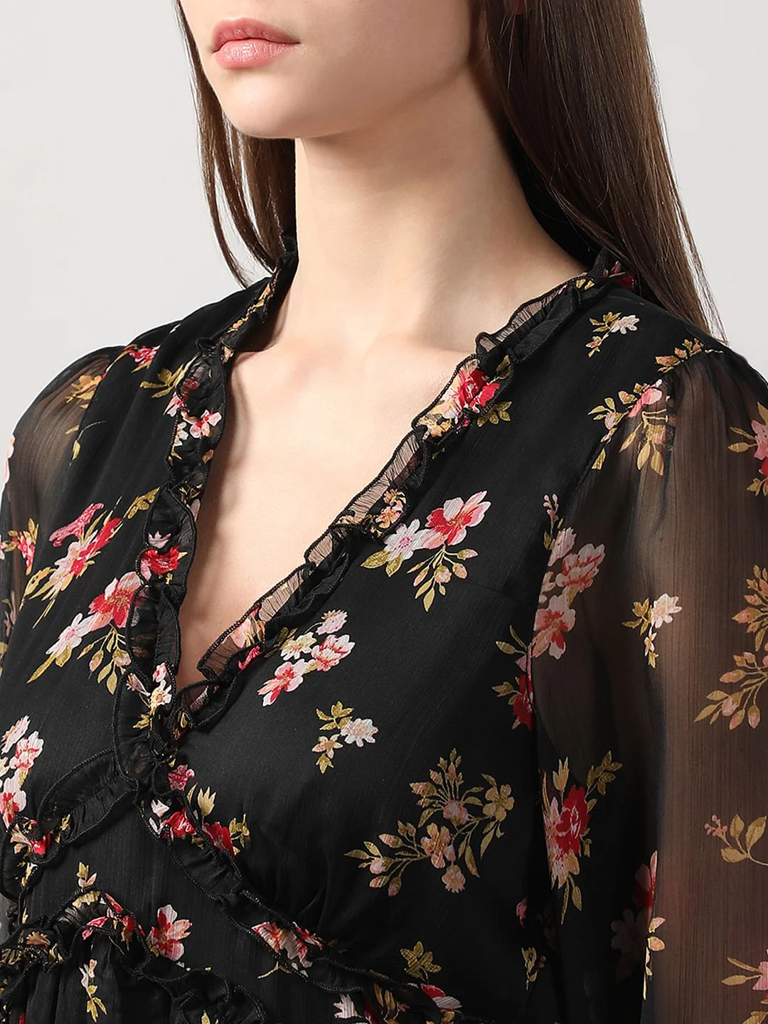 Black Printed Frill Short Dress - Image 8