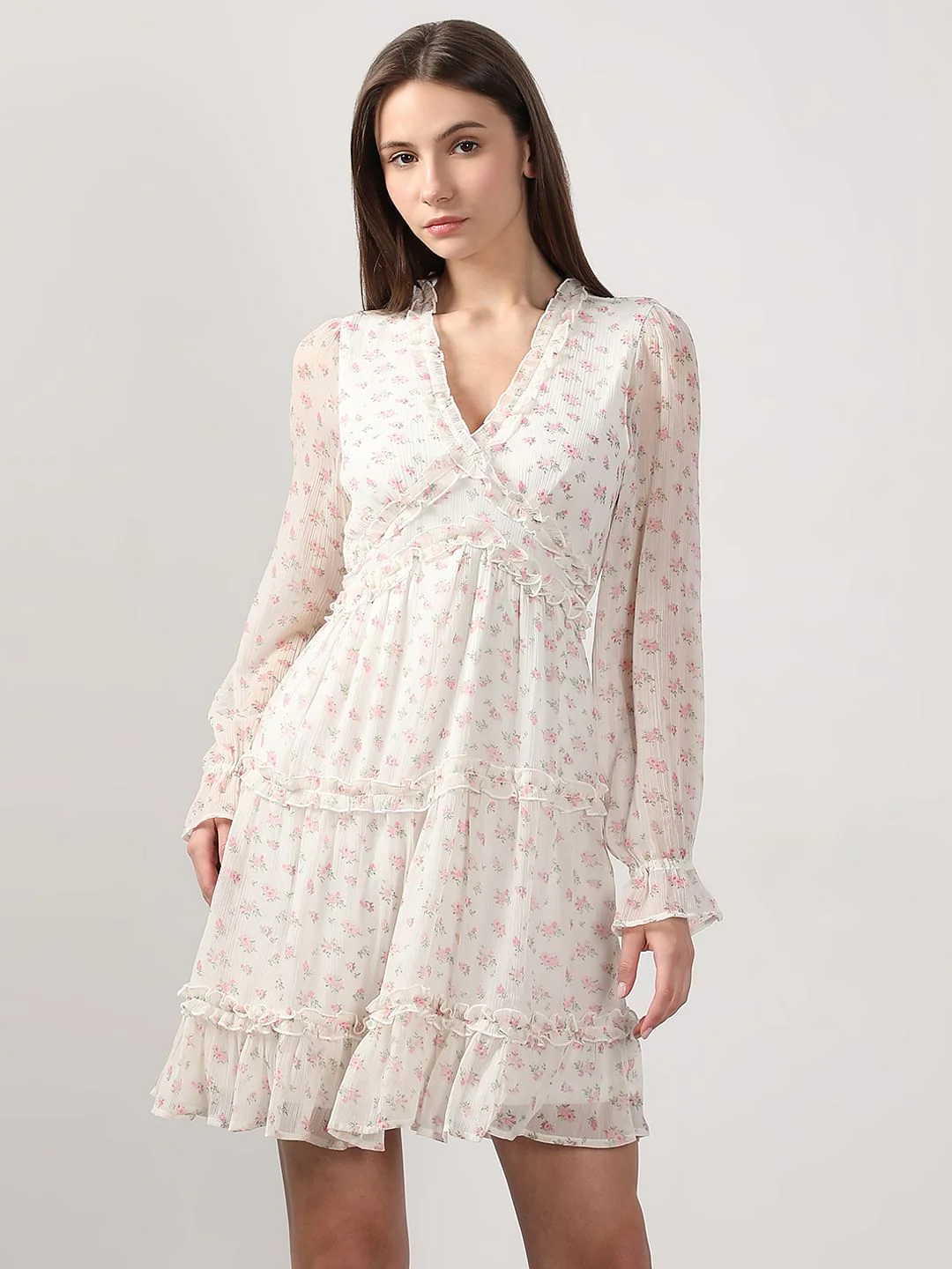 White Printed Frill Short Dress - Image 2