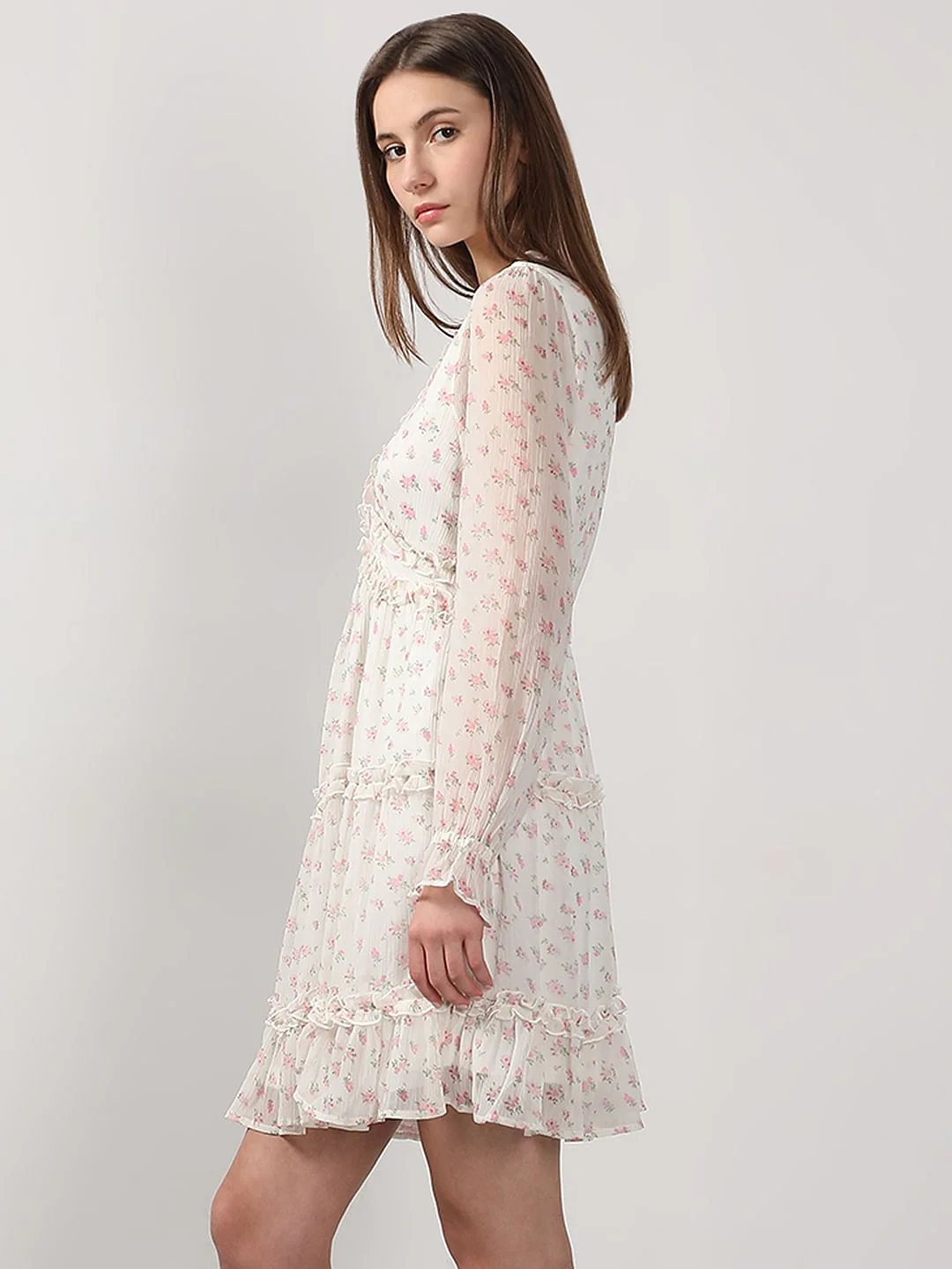 White Printed Frill Short Dress - Image 3