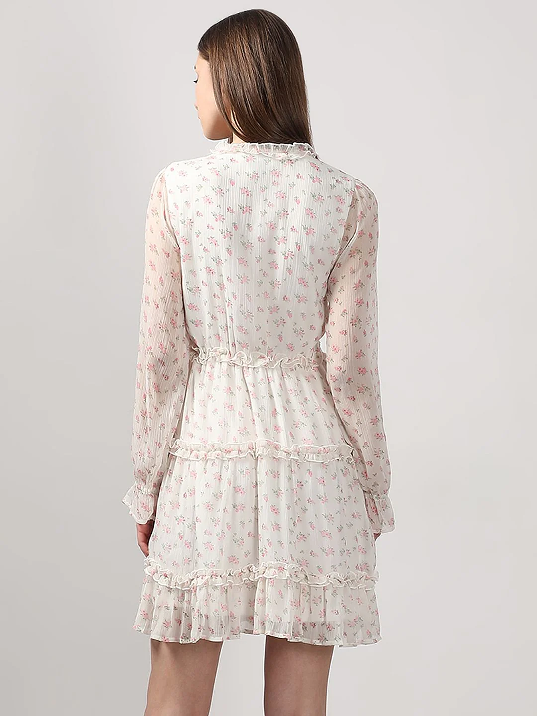 White Printed Frill Short Dress - Image 4