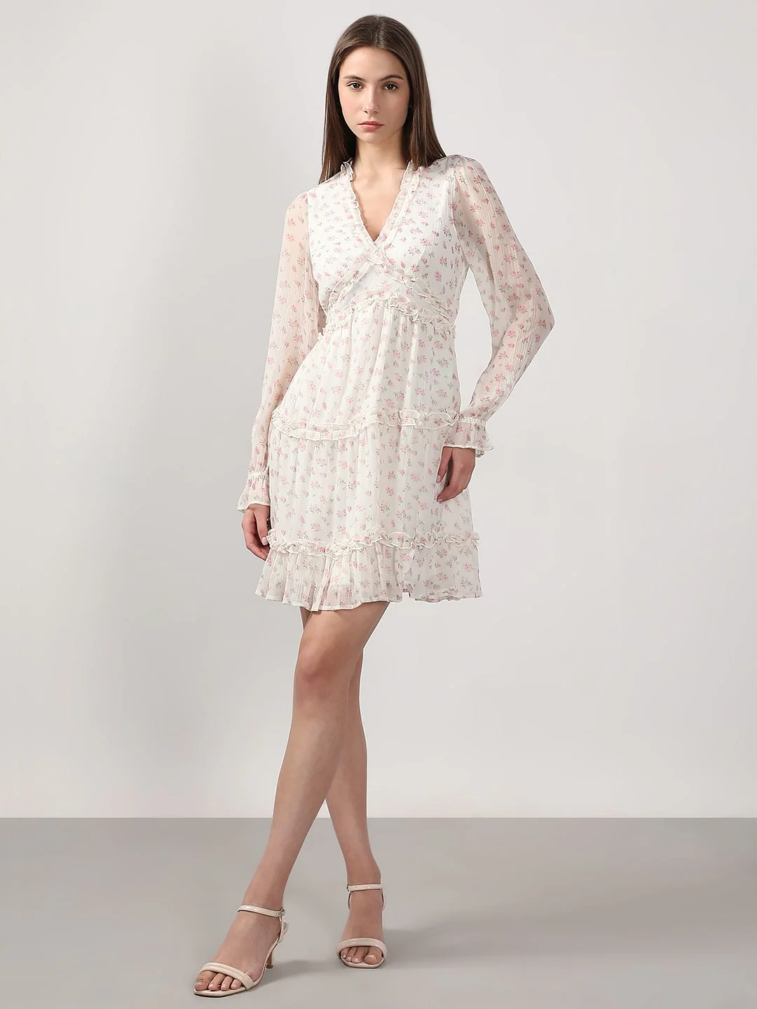 White Printed Frill Short Dress - Image 5