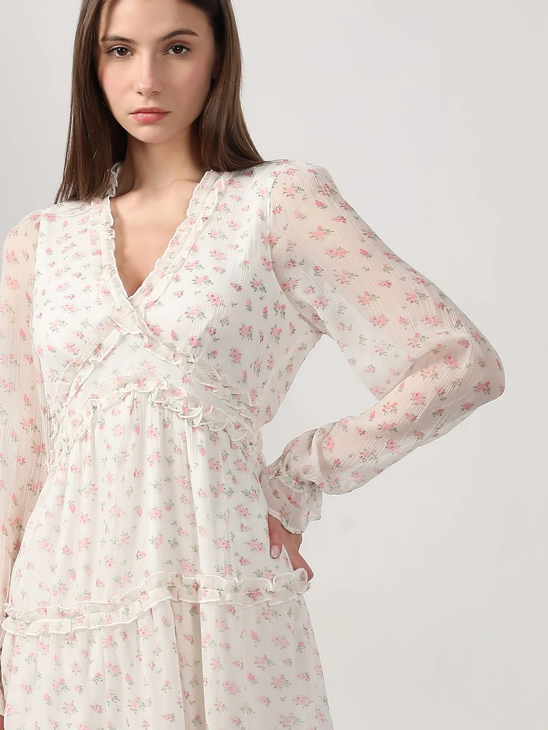 White Printed Frill Short Dress - Image 6