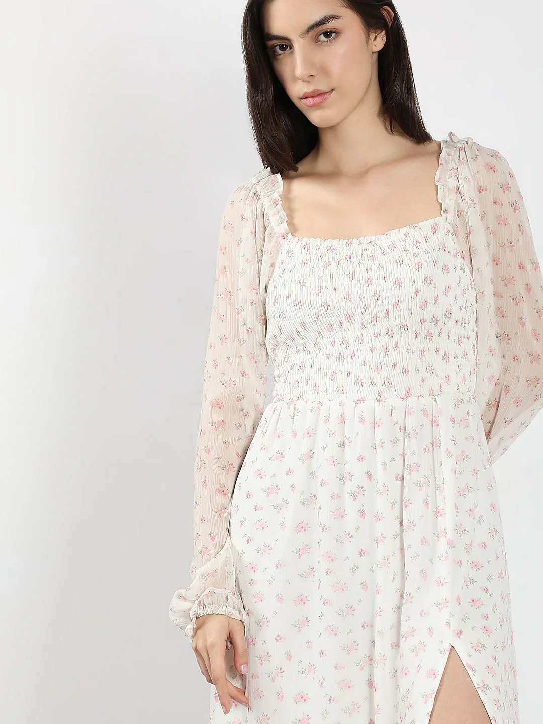 White Floral Smocked Dress - Image 5
